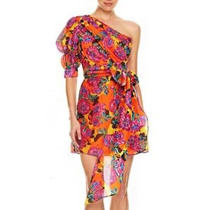 NWT Print Hit Dress Asym metrical Collar Puff Half